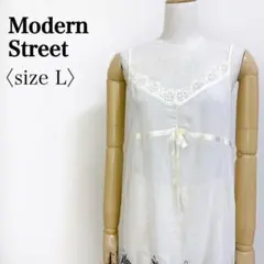 Modern Street◎刺繍 レース裾 シアーキャミ Lブラック フェミニン