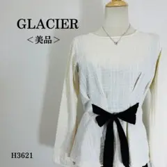 【美品】グラシア 長袖カットソー 格子模様 ウエスト切替 M ホワイト系