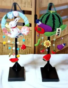 ちりめん細工 夏野菜とうさぎのつるし飾り 台付きセット／ちりめん細工館購入・美品