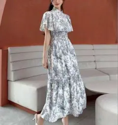 新品未使用！GRL花形フリルドレス　ケープ　ブルー　ワンピース 　S⑪