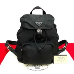 極 美品 袋 カード付き プラダ 三角ロゴ ナイロン レザー リュックサック 黒