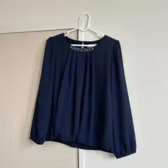 【美品】LindSTORM ネイビー ビーズ装飾 長袖ブラウス
