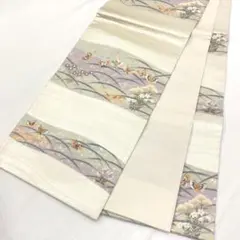 【2375】着物 袋帯 六通 蝶 秋草 刺繍 シルバー×紫 436㎝