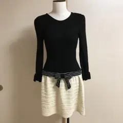 【美品】M’S GRACY ニットワンピース リボン ブラック ホワイト M