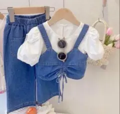 デニムの３点セット　120 子供服 女の子の青　おしゃれ着デニム セットアップ