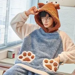 パジャマ 着ぐるみ 部屋着 モコモコ ふわふわ メンズウエア ブルー L ~LL