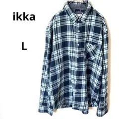 イッカ ネルシャツ　ネイビー/ライトブルー　チェック柄　カジュアルシャツ　L