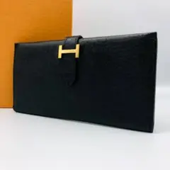 エルメス ベアン オーストリッチ レザー 長財布 C刻印 黒×茶 j35f0