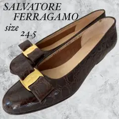 SALVATORE FERRAGAMO ヴァラリボン パンプス 革 クロコ型押し