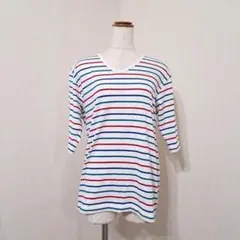 ジェイフリー　マルチカラーボーダーVネックTシャツ　 7分袖カットソー【L】