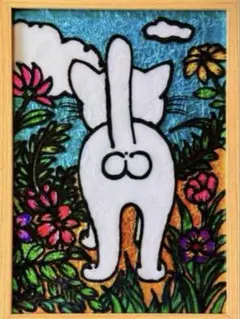 白猫にゃんたまステンドグラスガラス絵の具金運開運絵画ハンドメイドイラストアート犬
