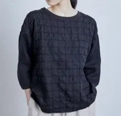 【美品】中川政七商店　格子刺繍の麻布Tシャツ　紺　日本製