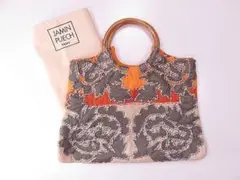 【値下げ】ジャマンピュエッシュ　ハンドバッグ　レザー刺繍　グレー　鞄　木製持ち手