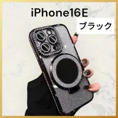 iPhone16E ブラック　高級感　グリッター　リング　ミラー付きケース