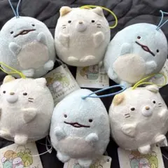 すみっコぐらし ばんざいゴムひも付き マスコット ぺんぎん3個 ♡ ねこ3個