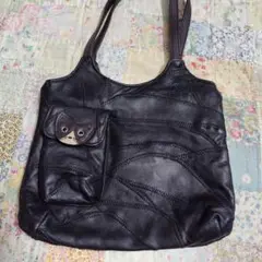 本革レザー　パッチワークハンドバッグ　猫ちゃん＆お魚　ハチワレねこ　鞄　黒