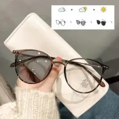 □黒 調光サングラス 自動調光メガネ ボストン UVカット ブルーライトカット