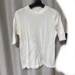 ホワイト リブ編み 半袖Tシャツ　　五部袖　ハイネック　スタンドネック