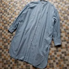 青と白のストライプ ロングシャツ、ワンピース、爽やか、ゆったり、綿100%、L