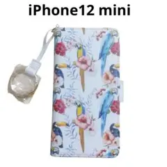 ♢iPhone12mini ケース 手帳型 ホワイト セキセイインコ 花柄