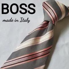 BOSS ストライプ　グレー　ピンク　素敵なネクタイ
