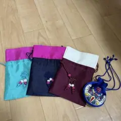 刺繍付き布製巾着袋4点セット
