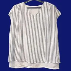 フレンチスリーブ　ストライプ　ブラウス　ネイビー　Mサイズ　レディース　夏服