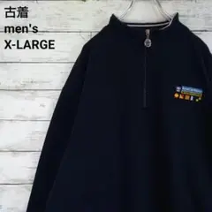 古着 Royal Caribbean スウェット ハーフジップ 刺繍ロゴ 紺XL