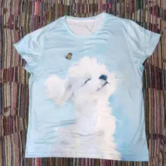 新品最後の１点白い子犬と蝶の癒されプリント 半袖Tシャツ早期終了予定