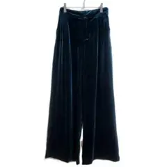 ワイドパンツ ベロア ストレッチ素材 ダークグリーン M ベルベット シンプル