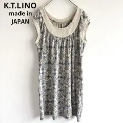 4835キヨコタカセ【美品】リネン×コットンノースリーブドッキングトップス　総柄