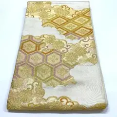 ［4458］袋帯 花亀甲菊雲取文様 金糸 六通 正絹 着物 フォーマル
