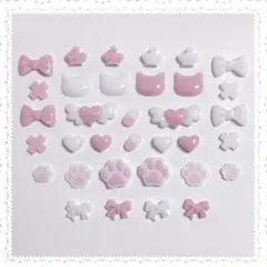 肉球 猫 ハート リボン ピンク×ホワイト ネイルパーツ レジン 地雷系 量産型