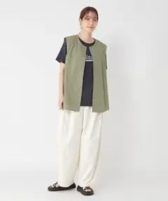 studio clip ノーカラーポケット ノースリーブシャツ オリーブ