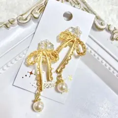 ハンドメイドイヤリング【No.070】痛くない リボン パール ガラス かわいい