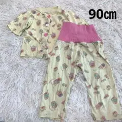 90㎝✨女の子✨パジャマ（上下セット）半袖/ボタン/腹巻き/黄色/総柄