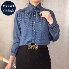 ヴィンテージ 昭和レトロ古着 シェブロン柄ボウタイブラウス 青ベージュ幾何学模様