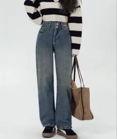 即購入× ２ボタンハイウエストワイドデニムパンツ