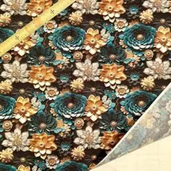 D31　3D立体プリント生地 花柄 紺金白花 ポリコットン はぎれ 輸入生地