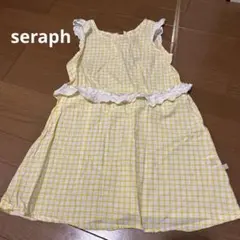 イエローとホワイト　チェック柄　ノースリーブワンピース　セラフ