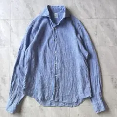 【極美品】フィナモレ リネン100% ワイドカラーシャツ 伊製 サックスブルー