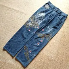 VOMANIE　和柄刺繍　金雲　桜　プリントドラゴン　クラッシュ系 デニムパンツ