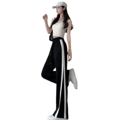 ♥人気♥黒　L　ストレート　パンツ　着痩せ　ジャージ　レディース　ズボン　韓国