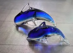 【美品】ガラス細工 大小・イルカ ドルフィン ブルー 青 クリア 透明
