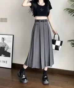 ベルト付き　ロングプリーツスカート　グレー