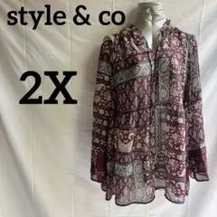美品style & co【2X】花柄長袖チュニック 花柄ボタニカル　バーガンディ