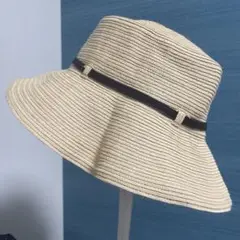 ベージュ ストローハット 幅広ツバ