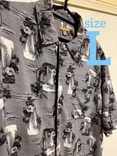 GEORGE ビール柄 アロハシャツ 半袖 シャツ グレー L ハイビスカス総柄