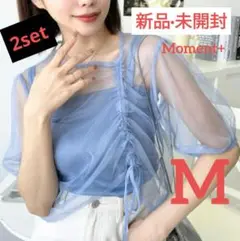 半袖 シースルー ショート丈 M キャミソール付き 2点セット ブルー 【新品】