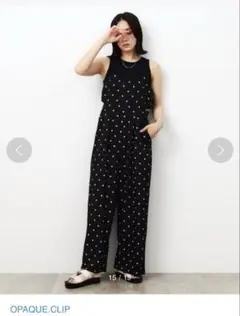 オペーク　ドットプリント 麻混ストレッチキャミサロペット　M